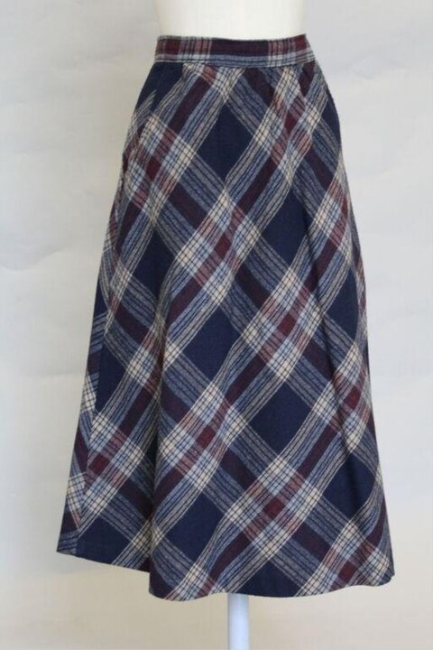 Blue Red Diagonal Plaid Midi Skirt