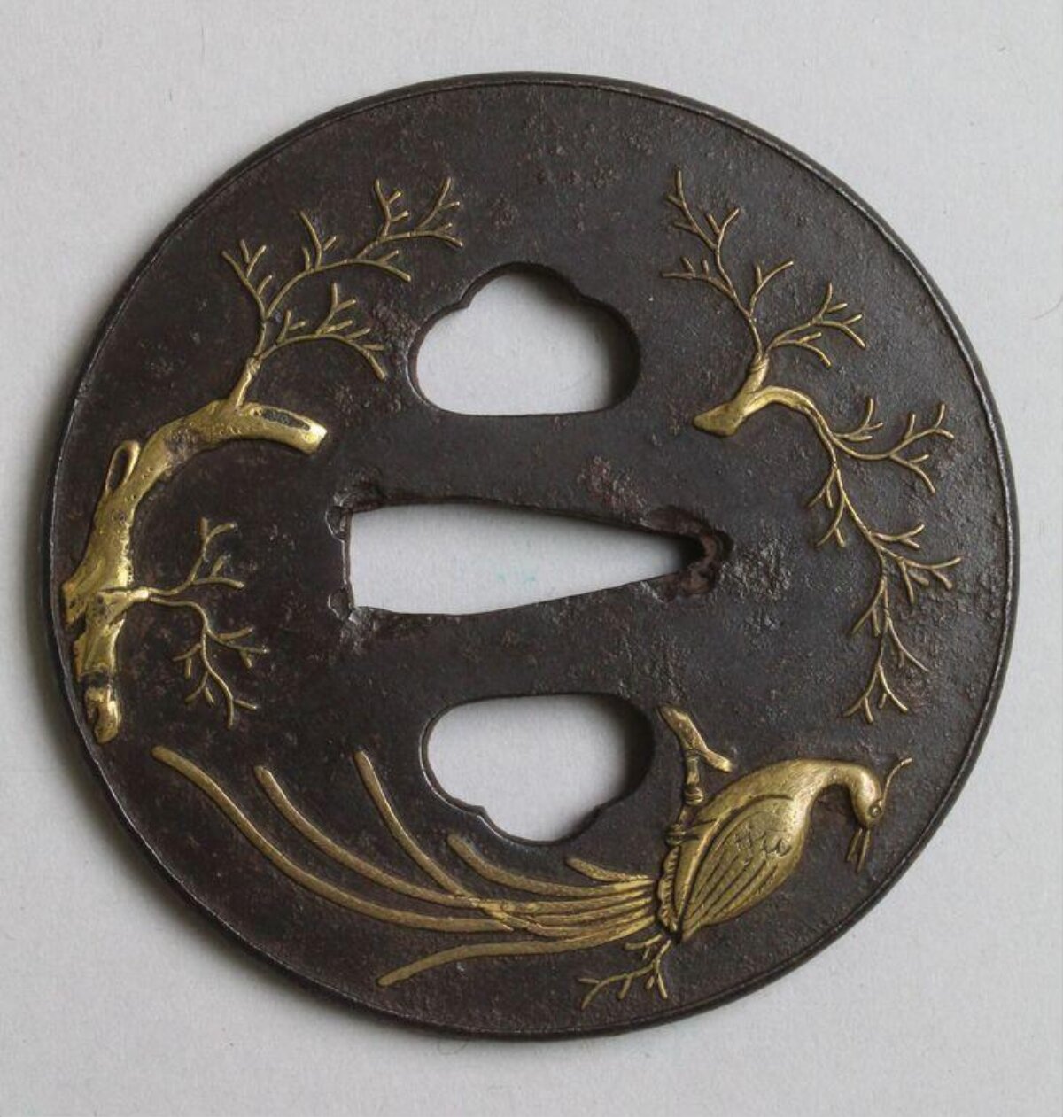 Iron Tsuba with Gilded Pheasant Tree