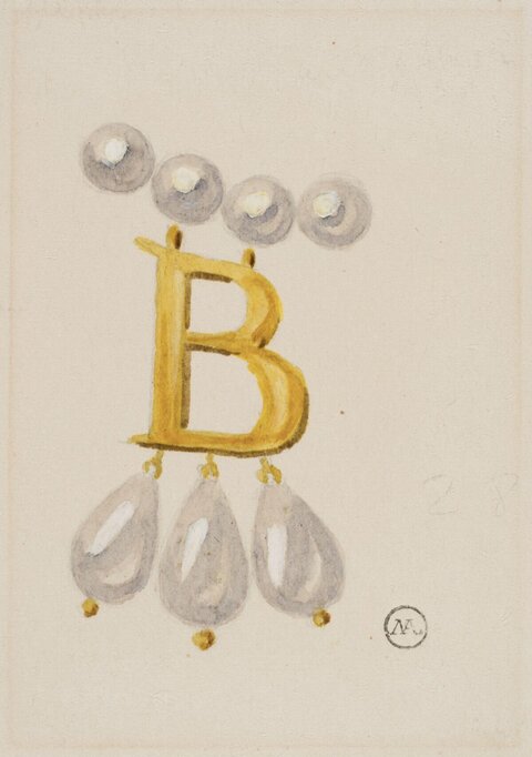 Watercolor Study of Gold B Pendant with Pearls