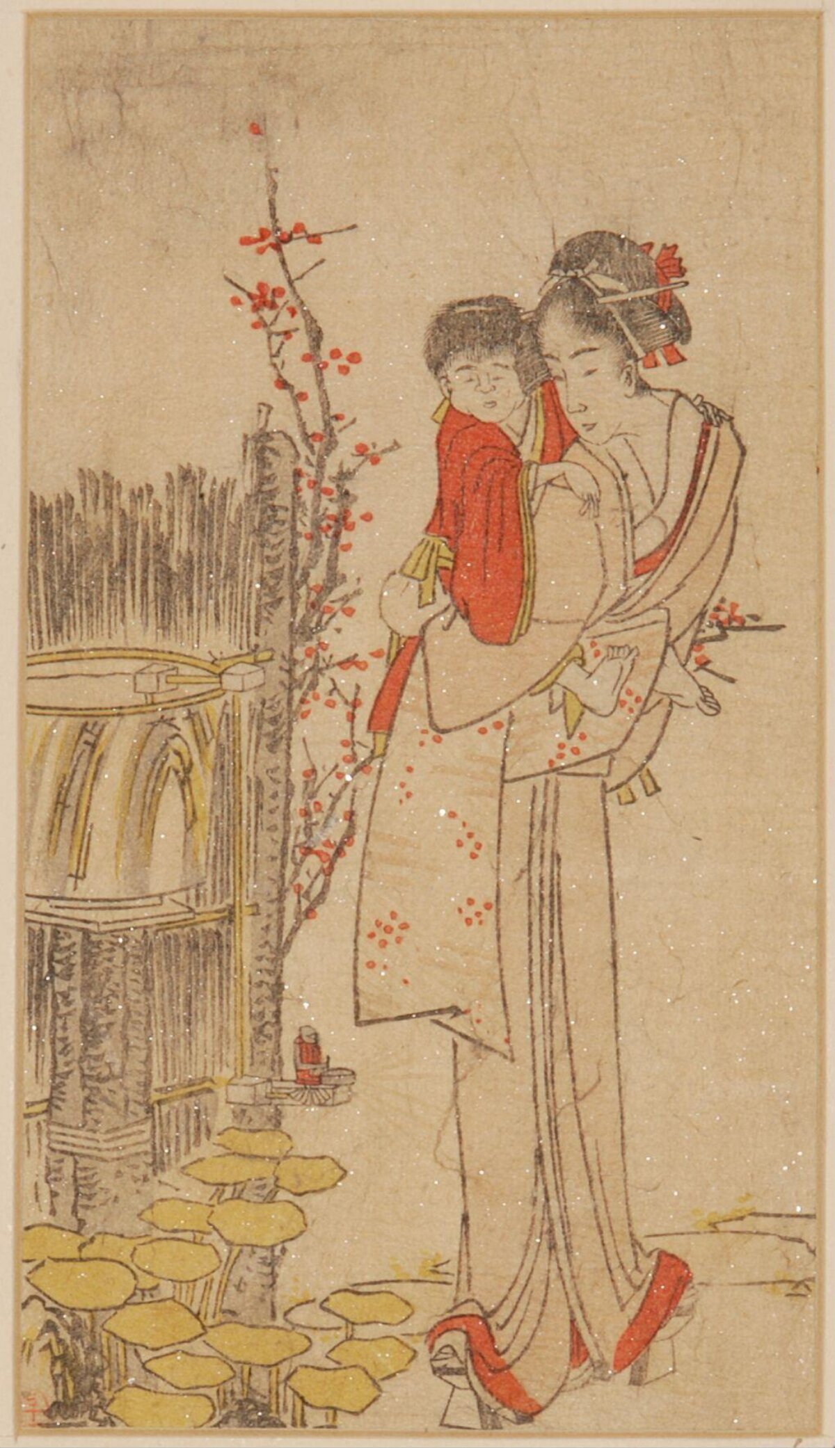 Woman Carrying Child by Red Plum Tree