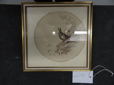 Framed Pheasants Ink Drawing