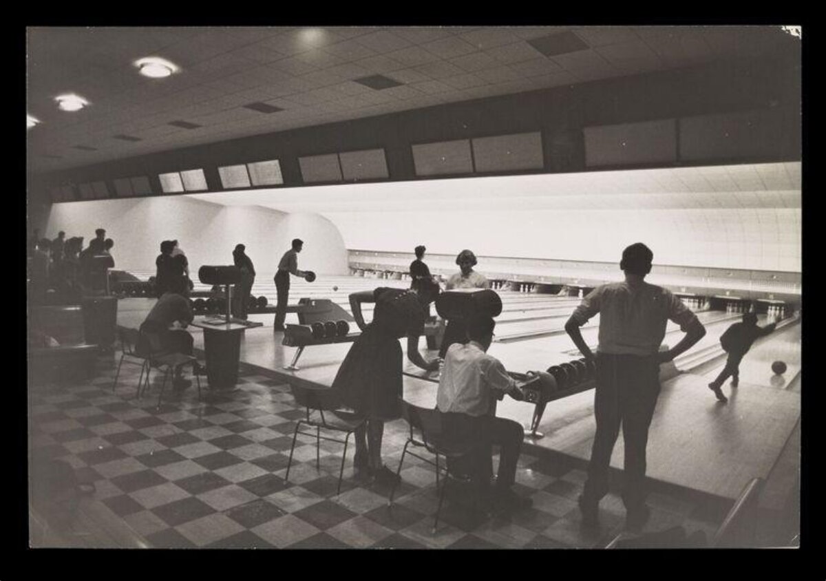 Vintage Indoor Bowling Alley Scene