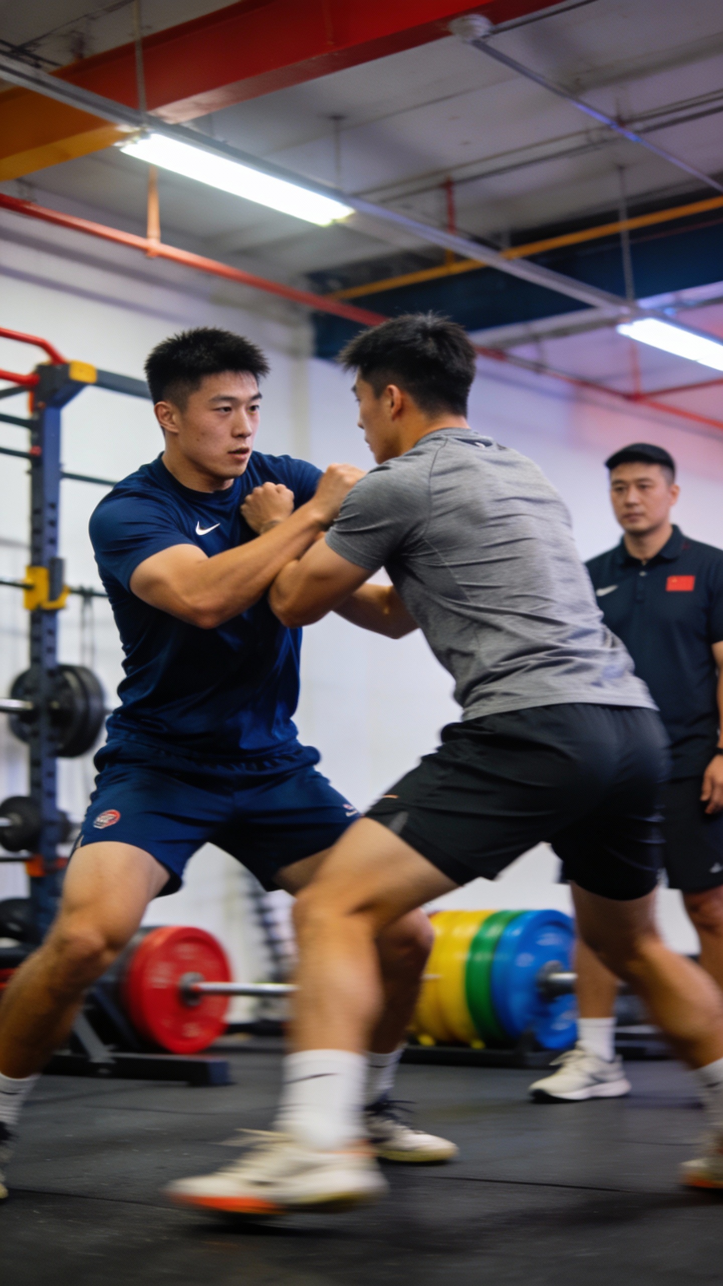 Two Athletes Grapple in Gym Training