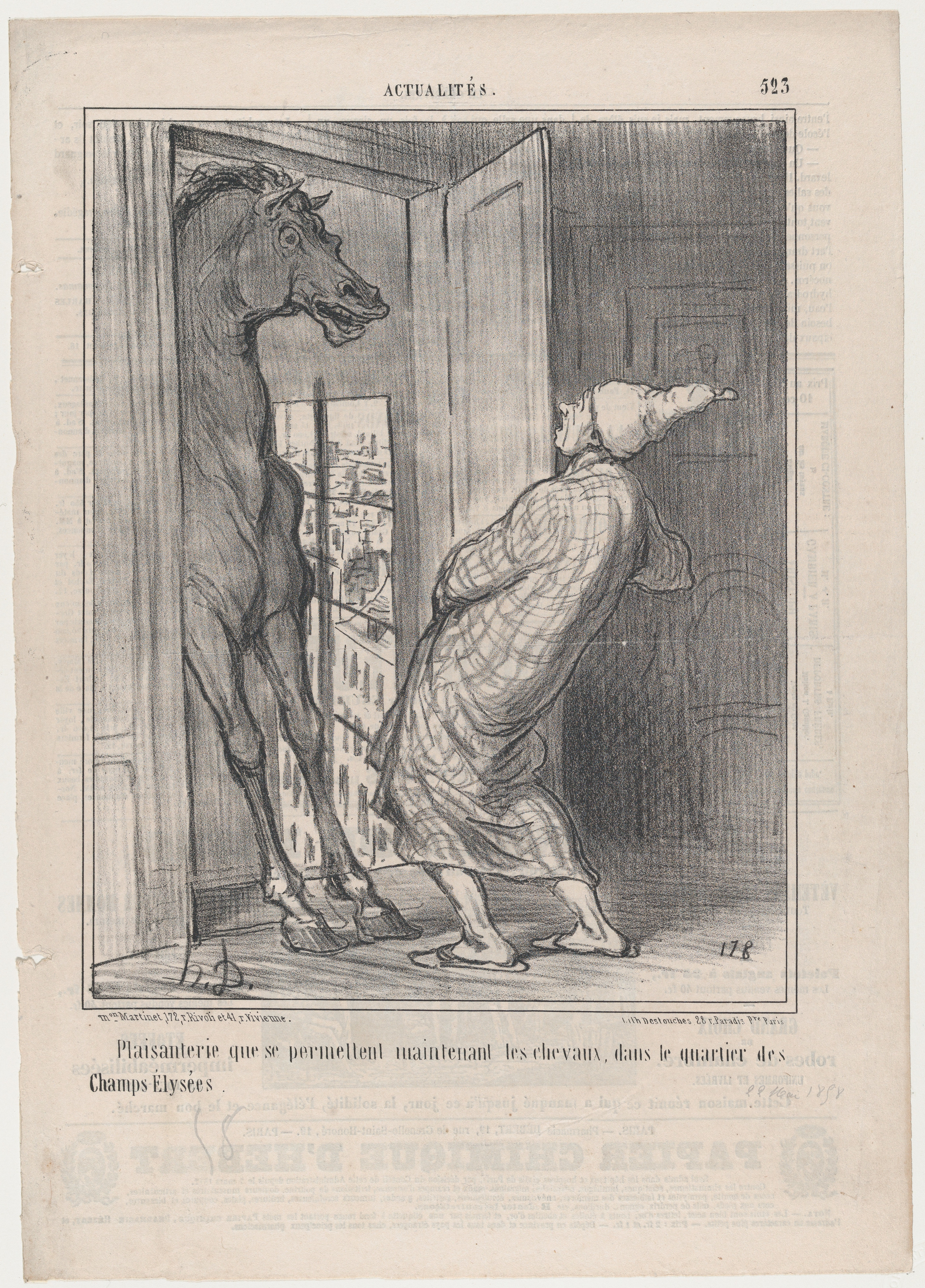French Satirical Cartoon: Horse Surprises Man