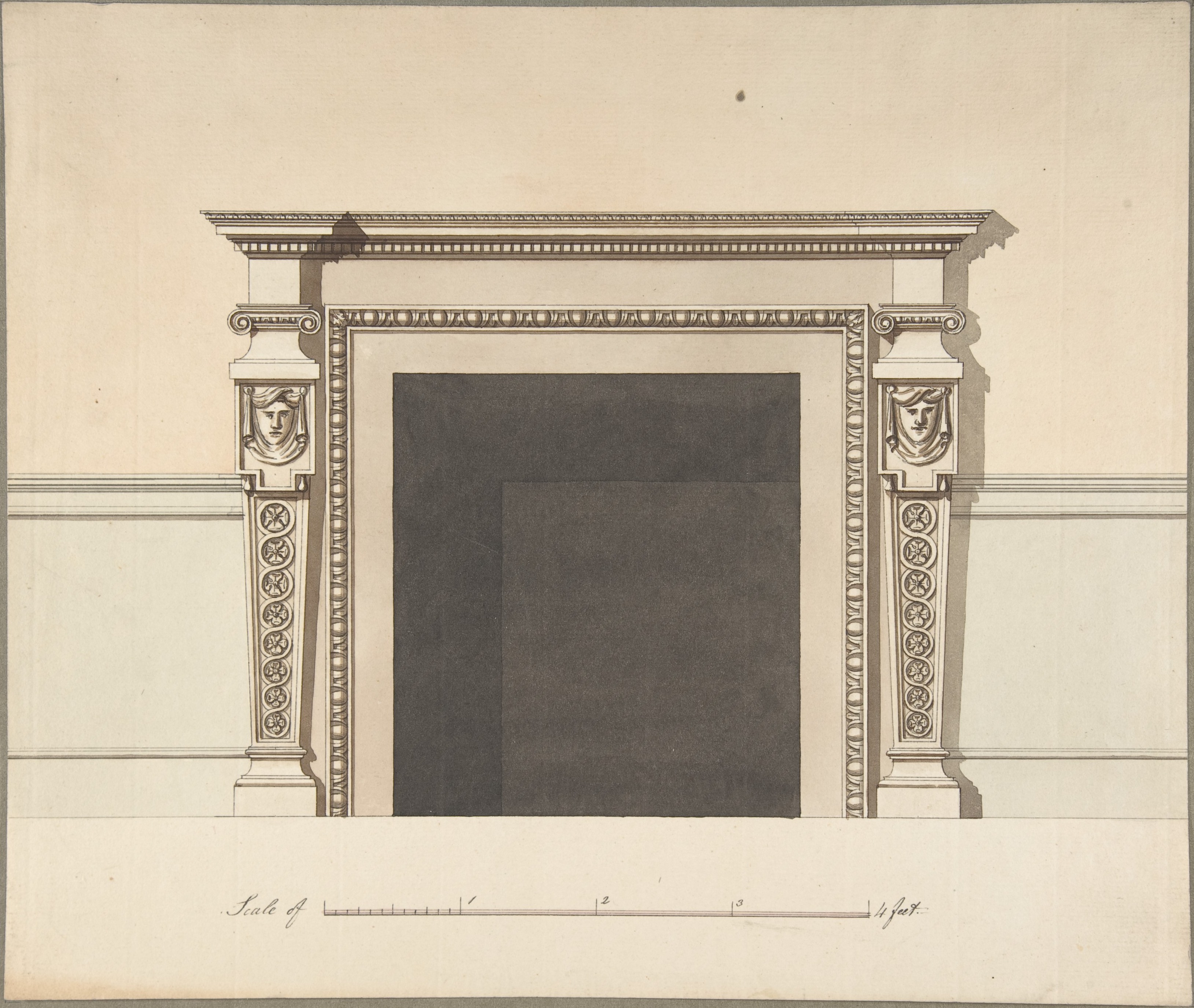 Classical Carved Fireplace Design Drawing