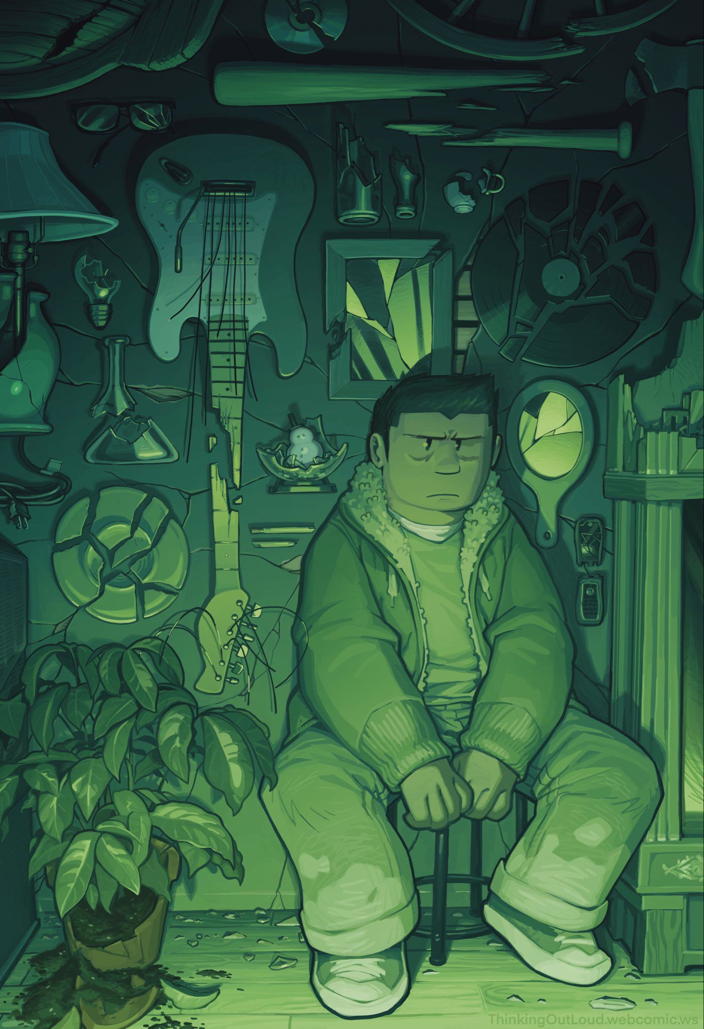 Angry Man in Room Full of Broken Things
