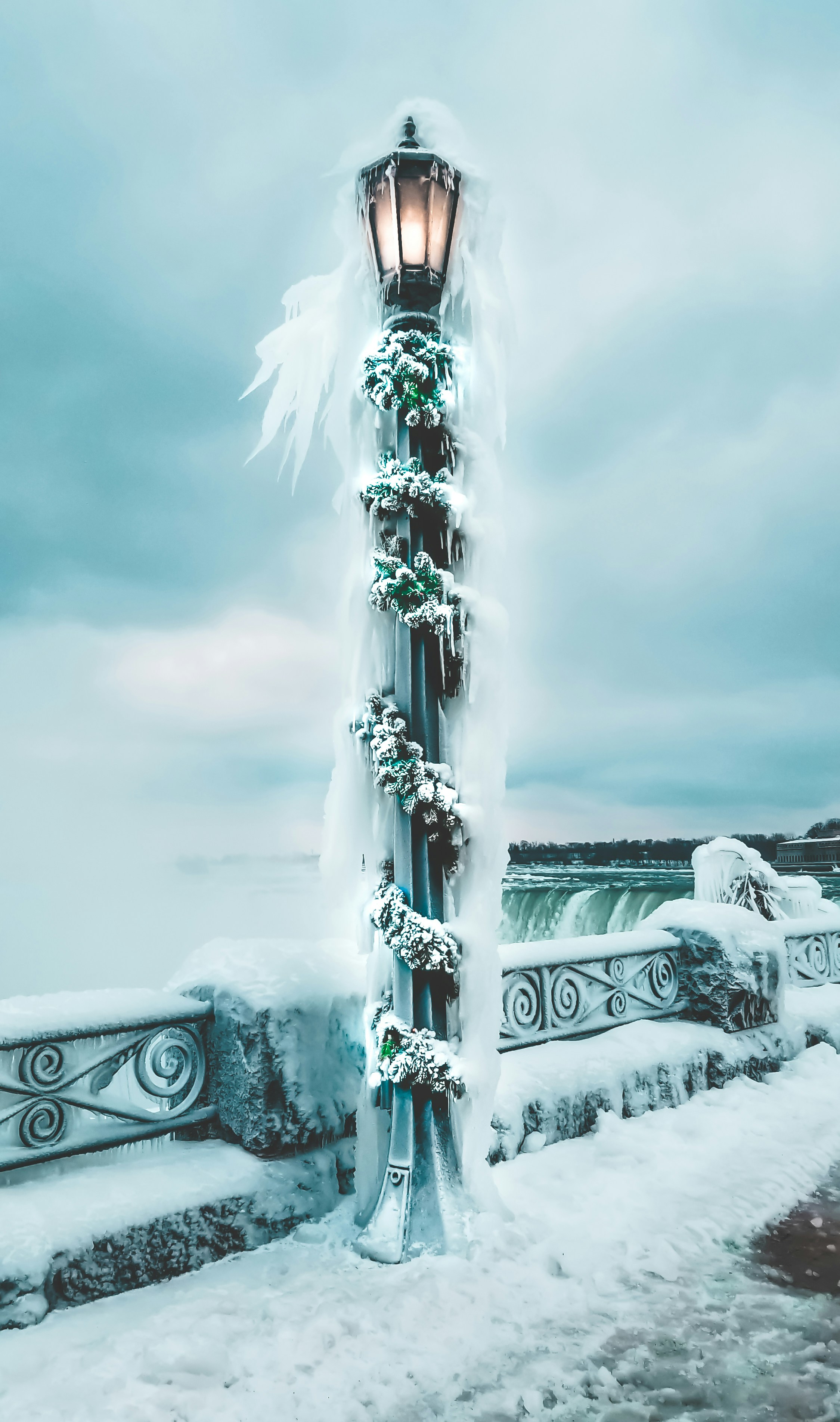 Frozen Lamppost by Winter Waterfall