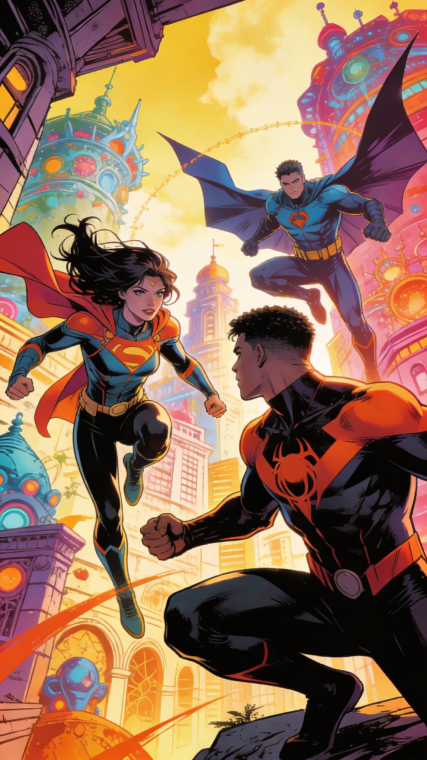 Three Superheroes in Futuristic City