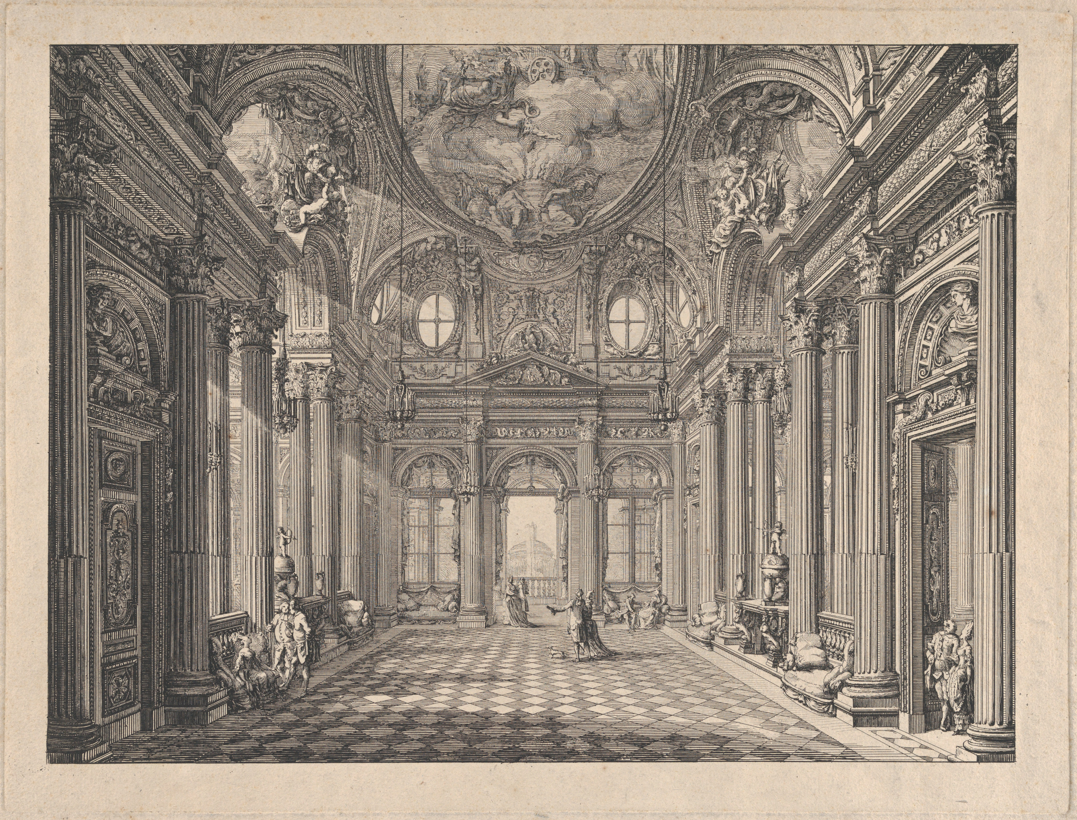 Etching of Baroque Palace Hall Interior