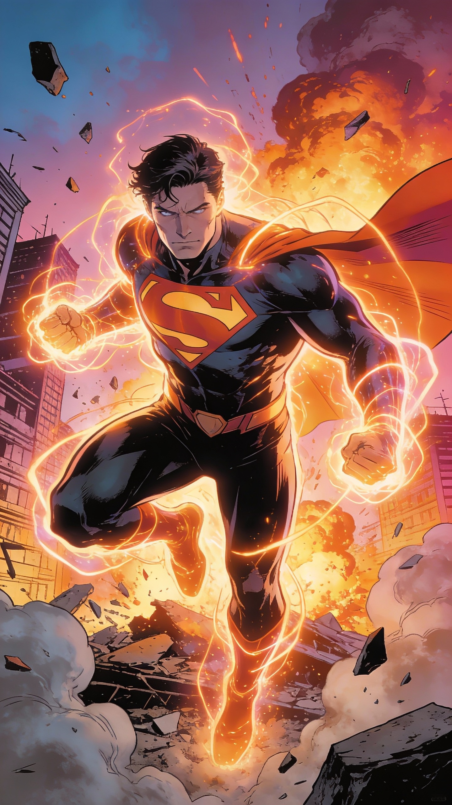 Superman Charging Through Explosive Ruins