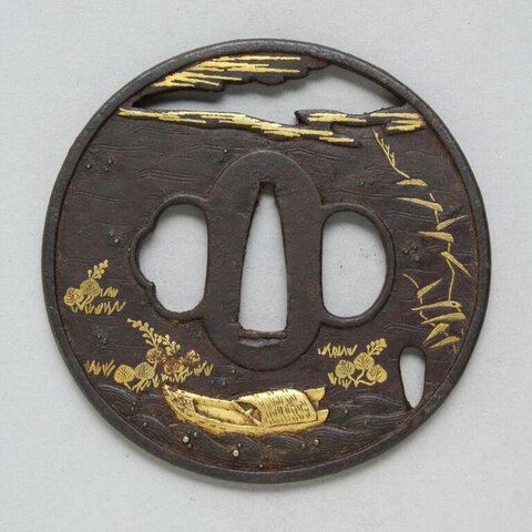 Iron Sword Tsuba with Gold Landscape Inlay