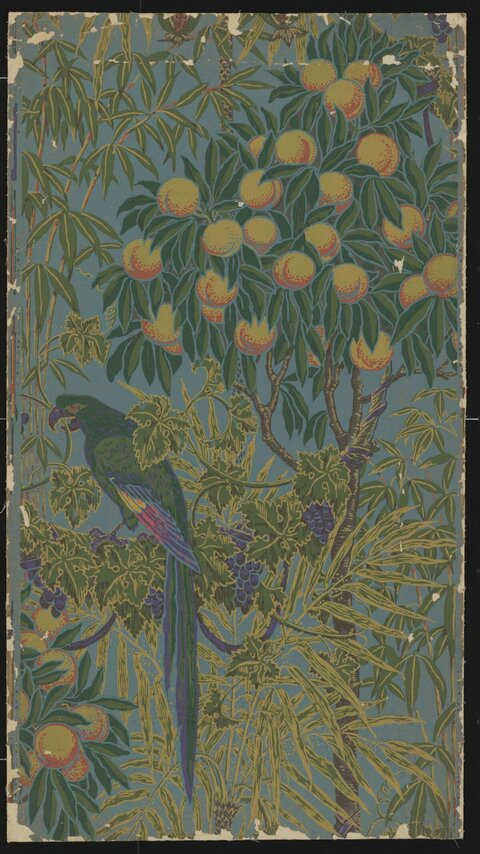 Vintage Parrot Fruit Pattern Wallpaper
