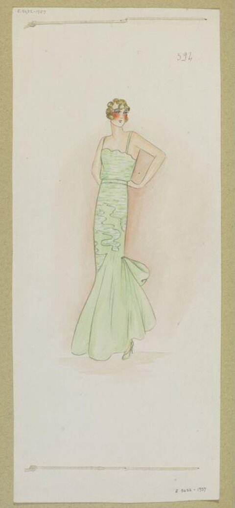 Vintage Green Evening Gown Fashion Sketch