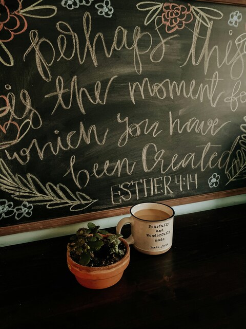 Bible Verse Chalkboard with Mug and Succulent