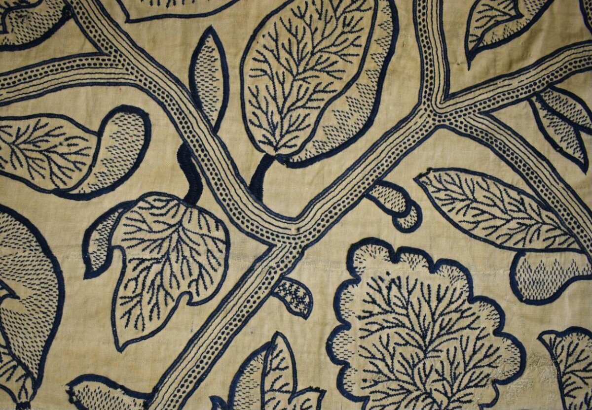 Blue Leaf Embroidery on Vintage Textile
