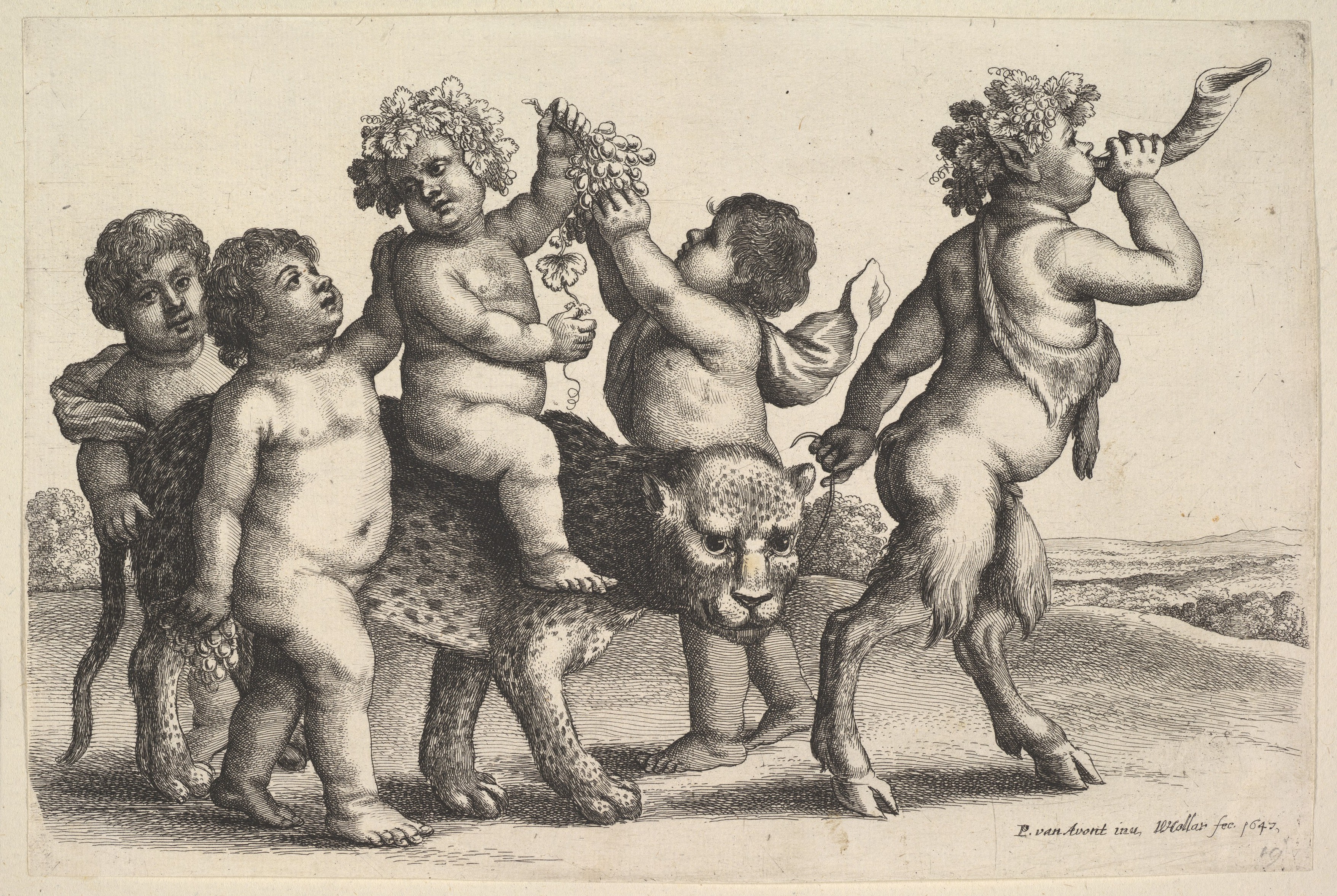 1647 Etching of Bacchic Children and Satyr