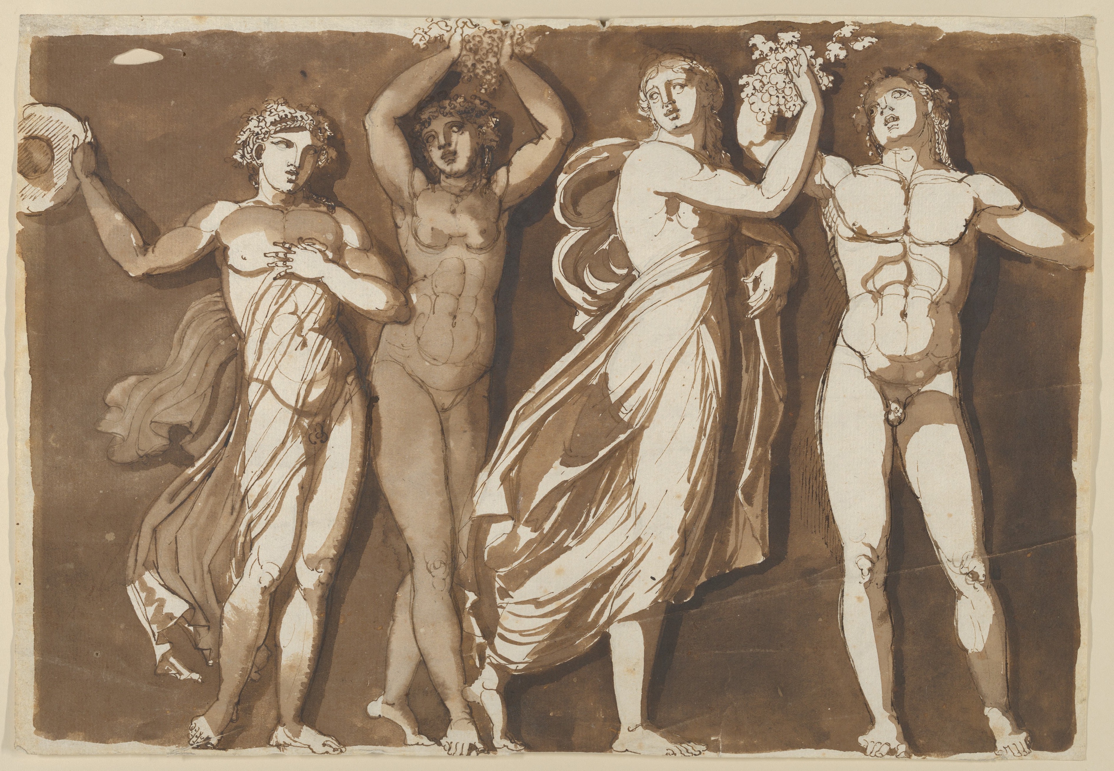 Four Bacchic Revelers Ink Drawing