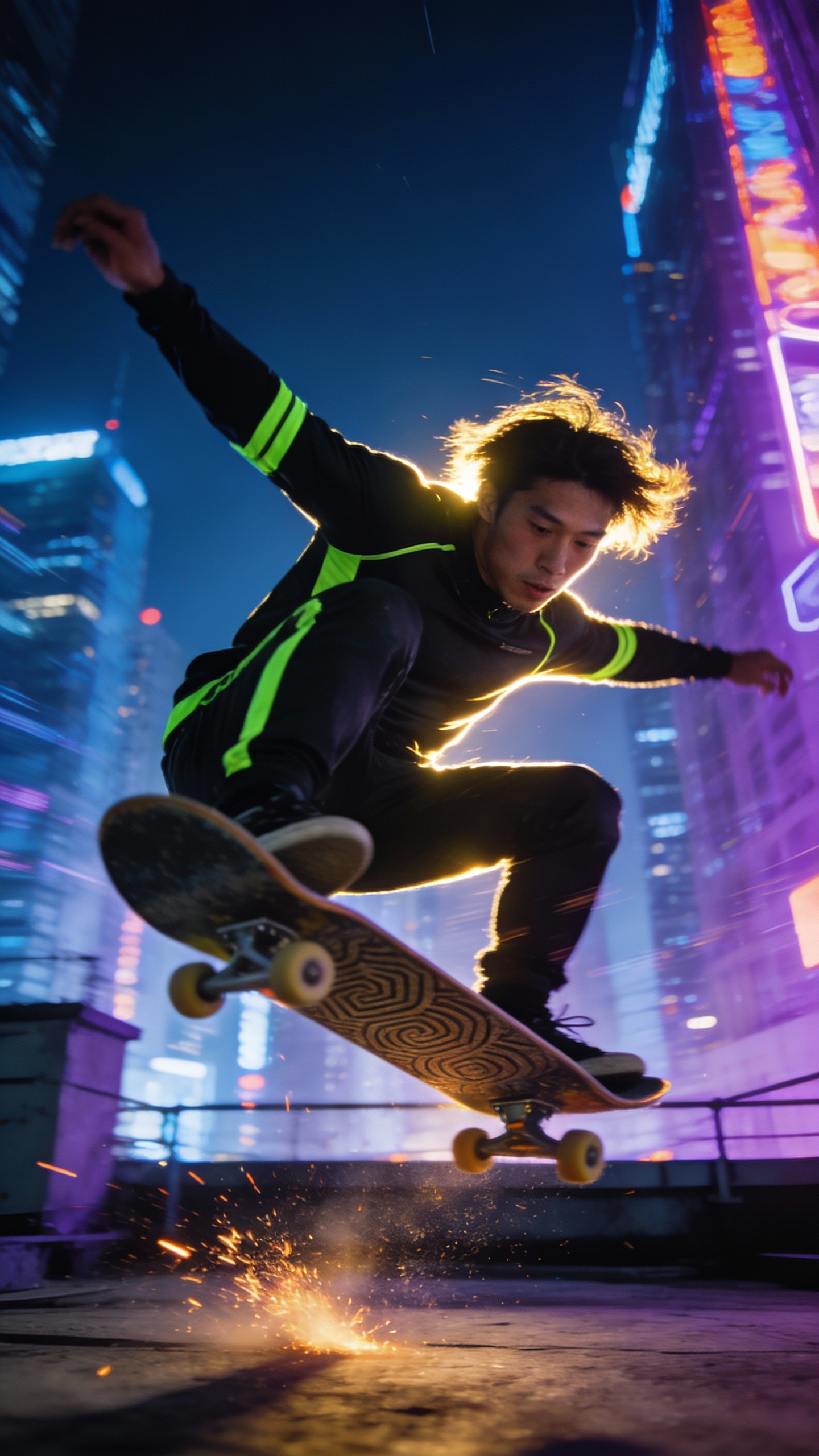 Skateboarder Mid-Trick in Neon Night City