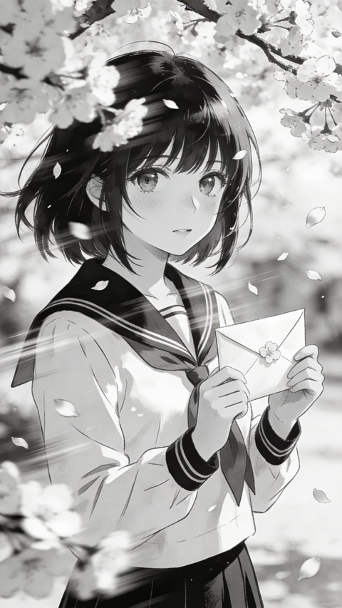 Anime Schoolgirl Holding Letter Under Cherry Blossoms