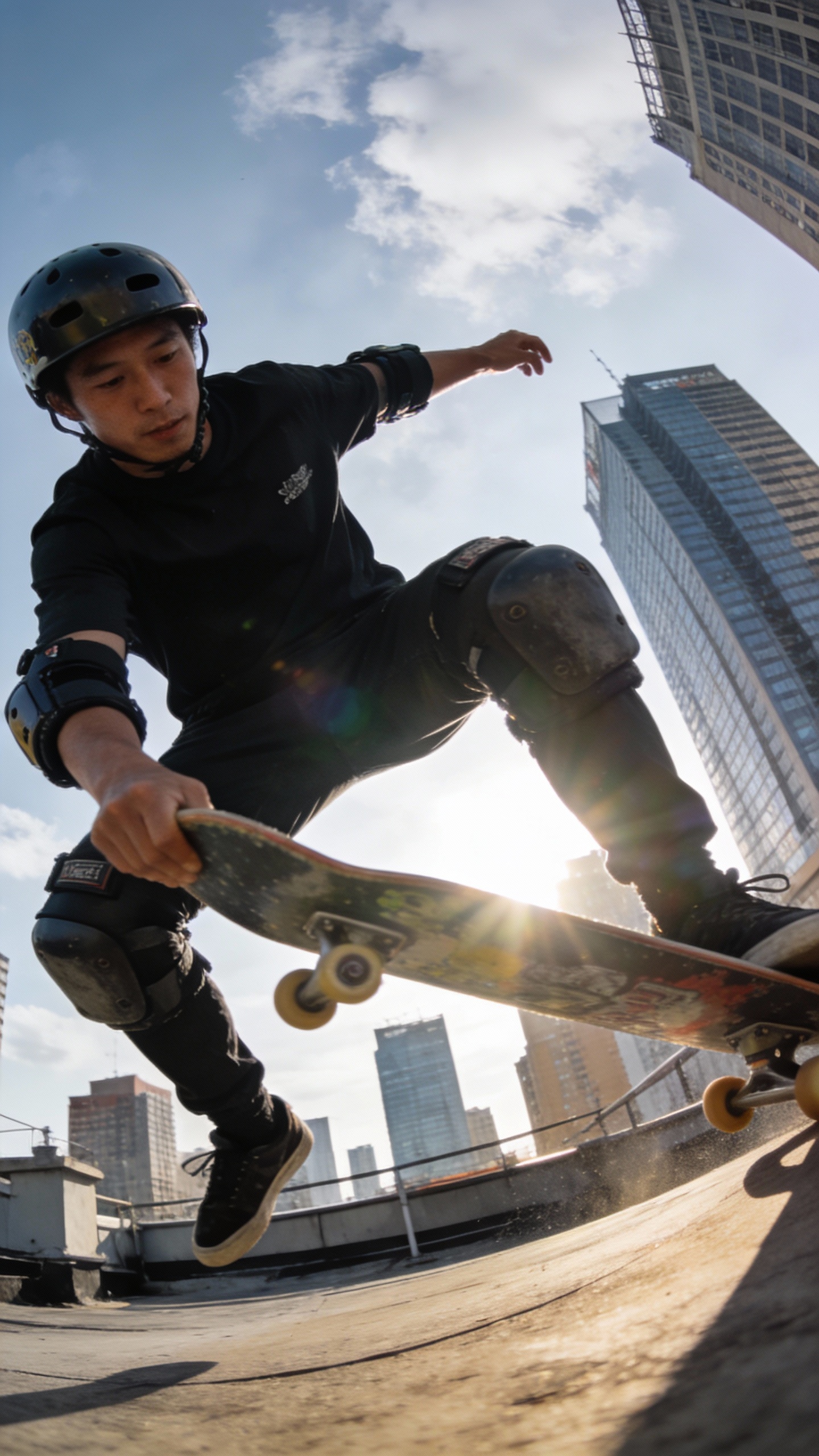 Skateboarder Performing Trick On Rooftop