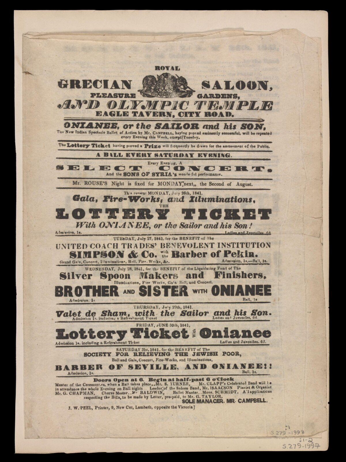 1841 Royal Grecian Saloon Playbill