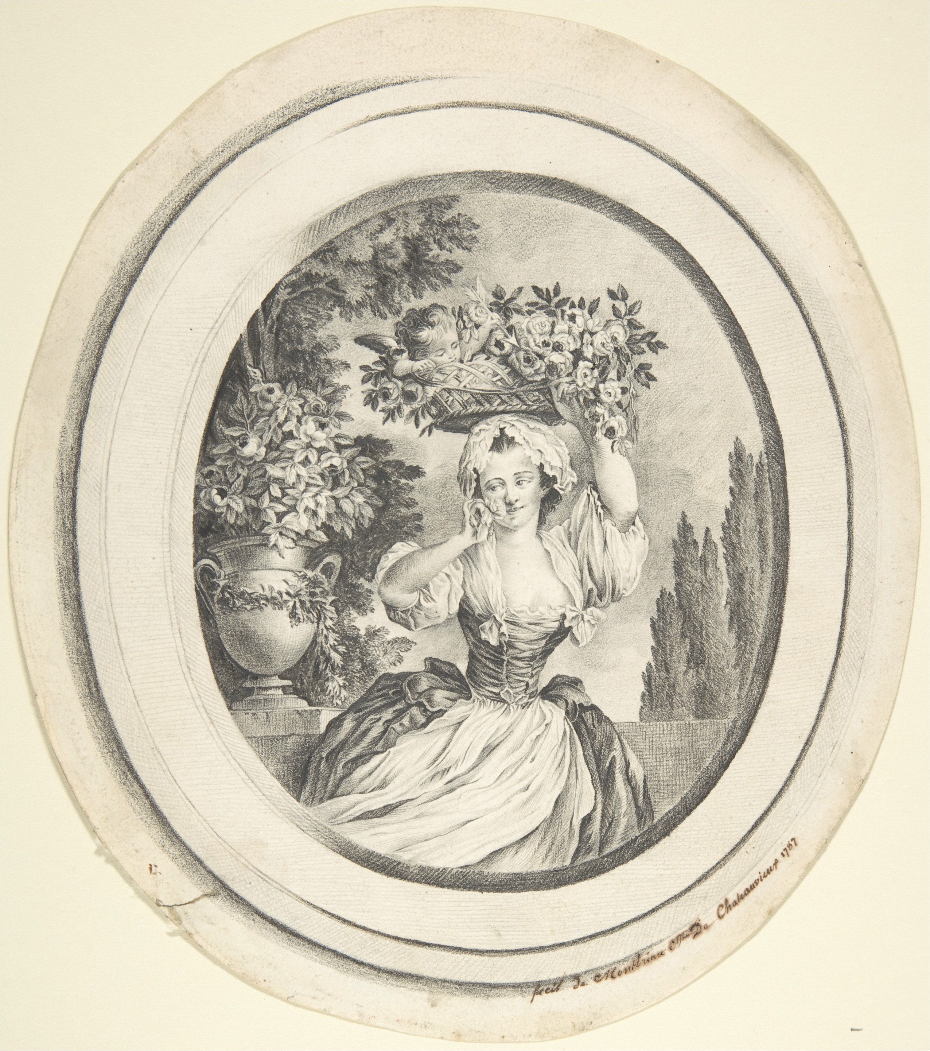 1787 Oval Drawing of Woman With Flower Basket
