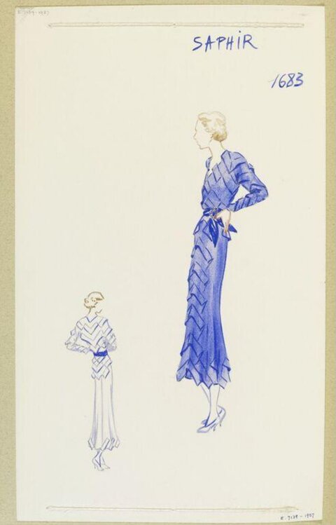 Vintage Blue Dress Fashion Sketch