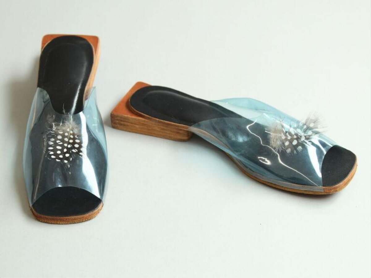 Transparent Feather Decor Flat Mules