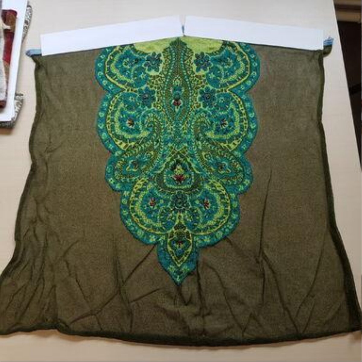 Olive Green Embroidered Paisley Scarf