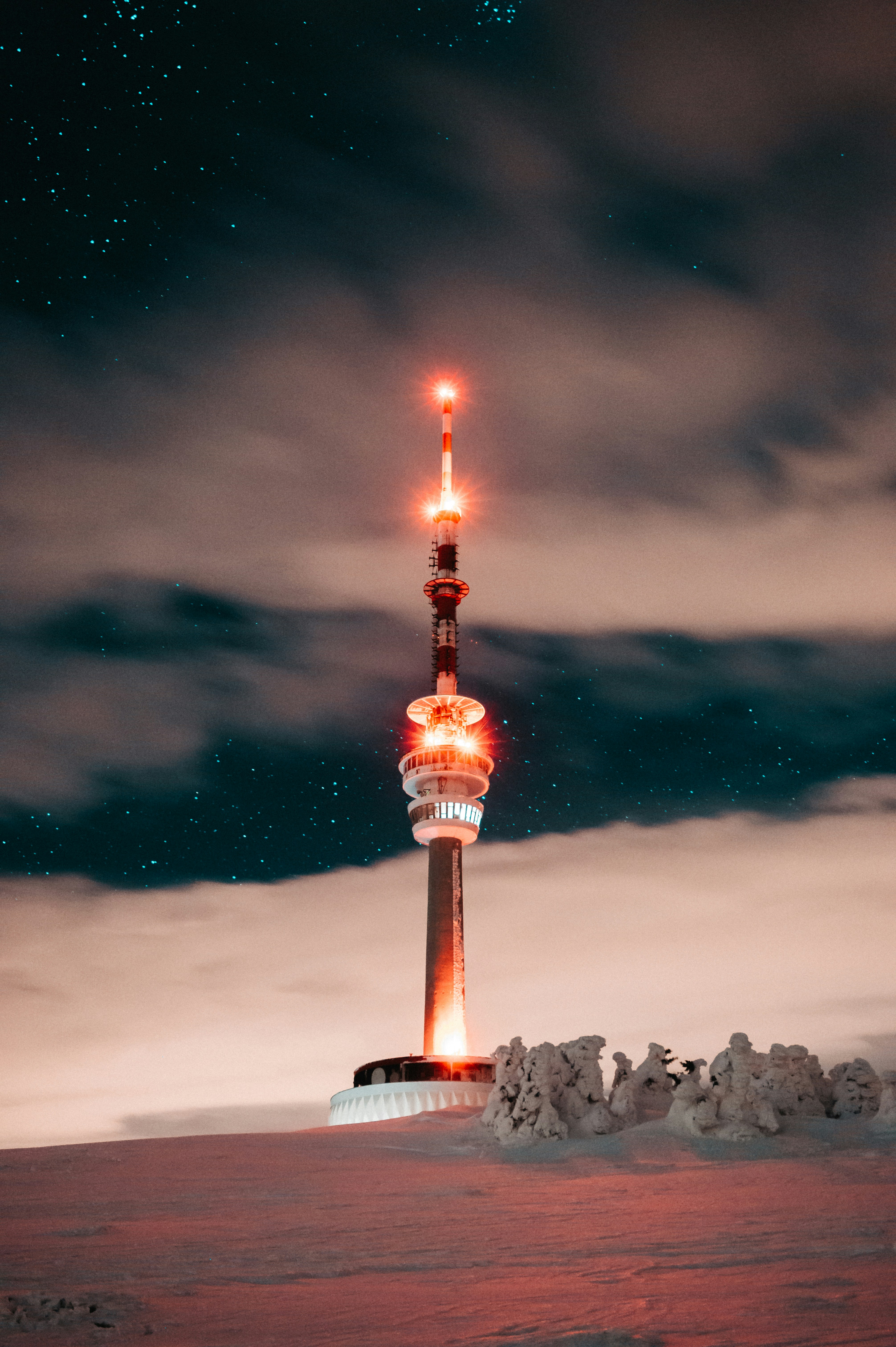 Communication Tower on Snowy Night