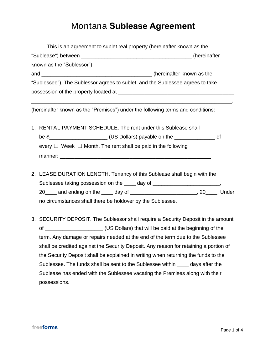 Montana Sublease Agreement Template