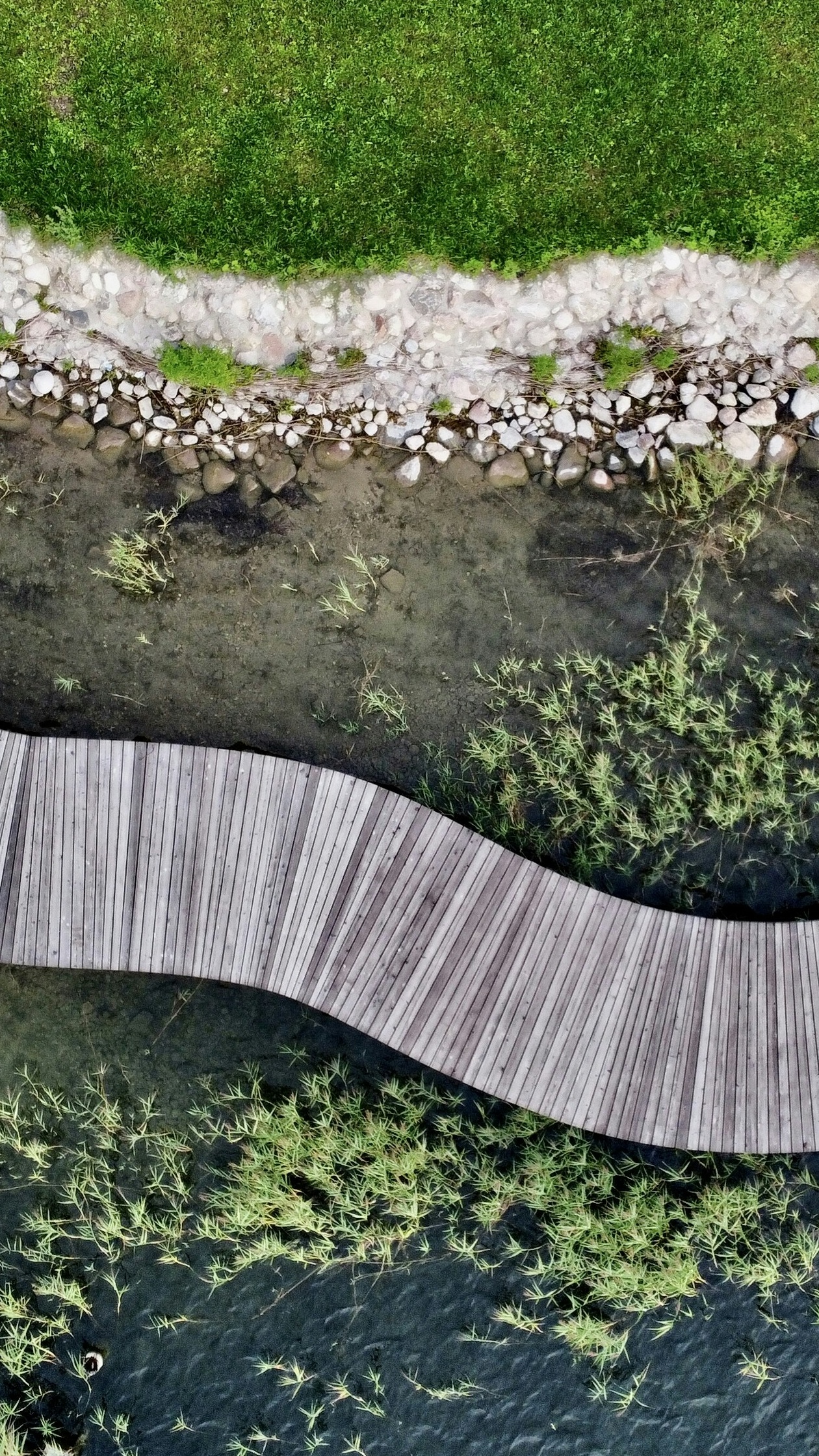 Aerial View of Winding Waterside Boardwalk