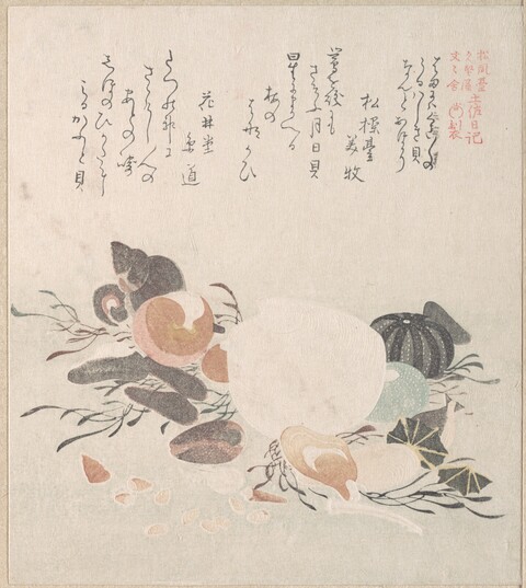 Japanese Print of Seashells and Poetry