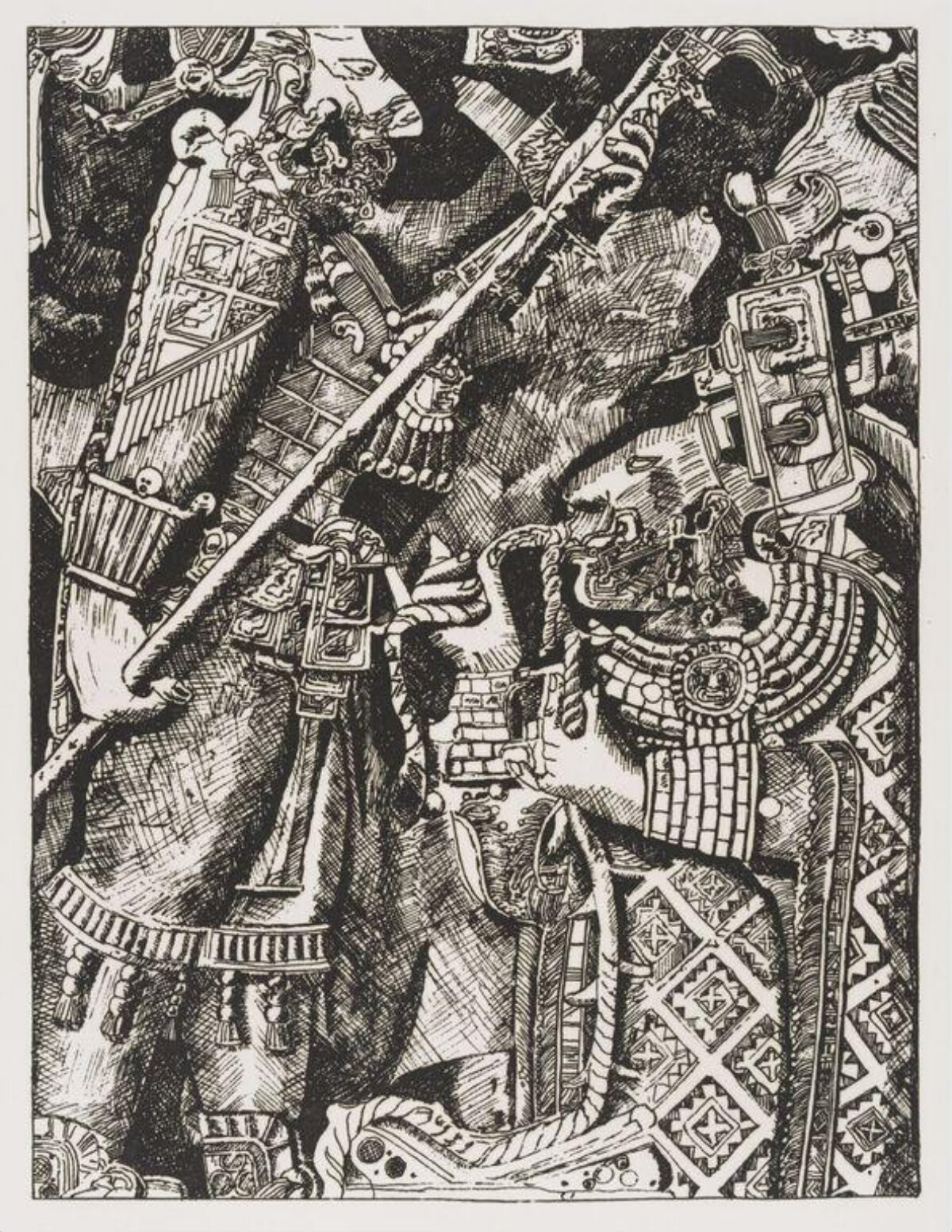 Ink Drawing of Two Mesoamerican Warriors