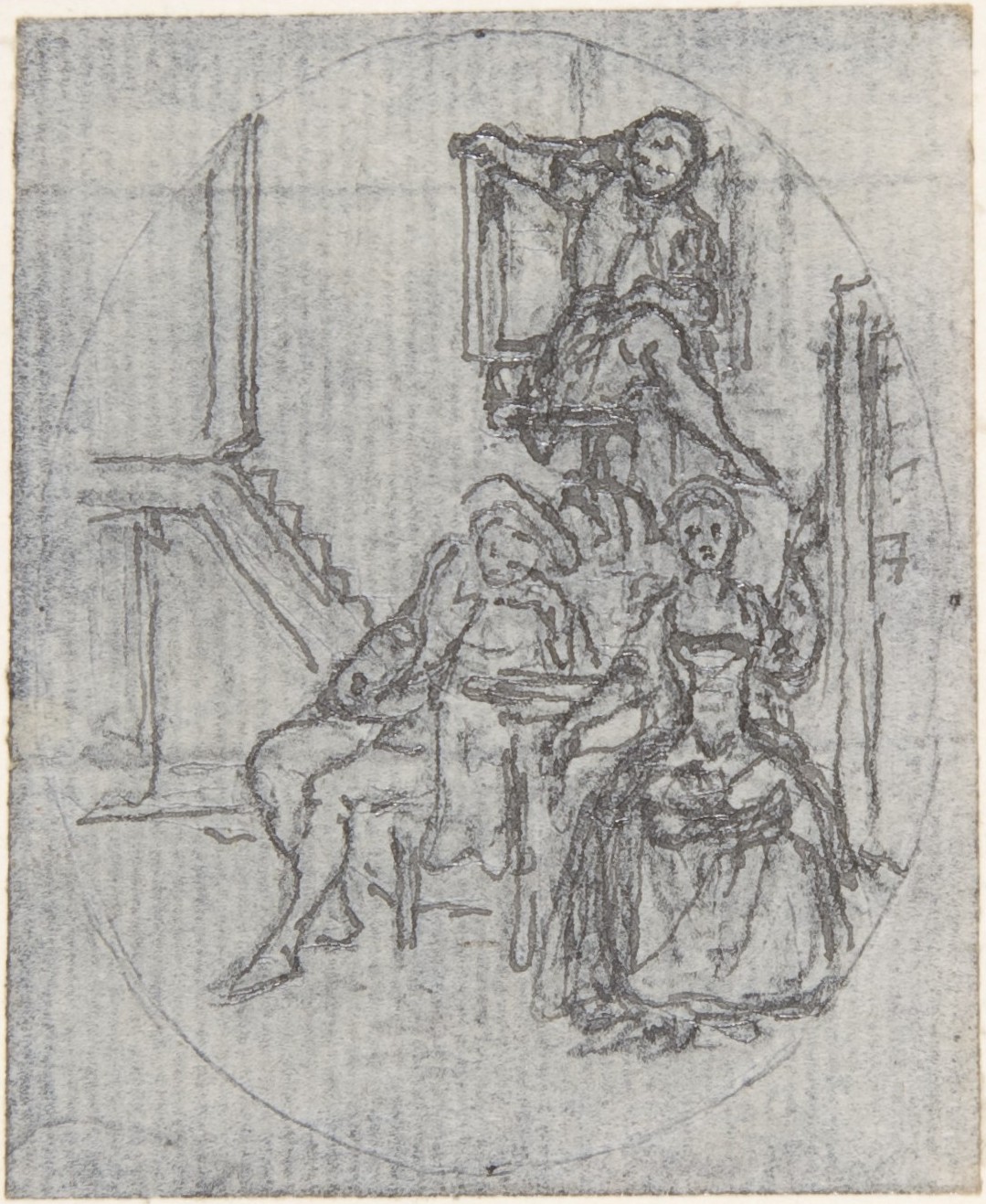 Oval Sketch of Three Figures in Interior