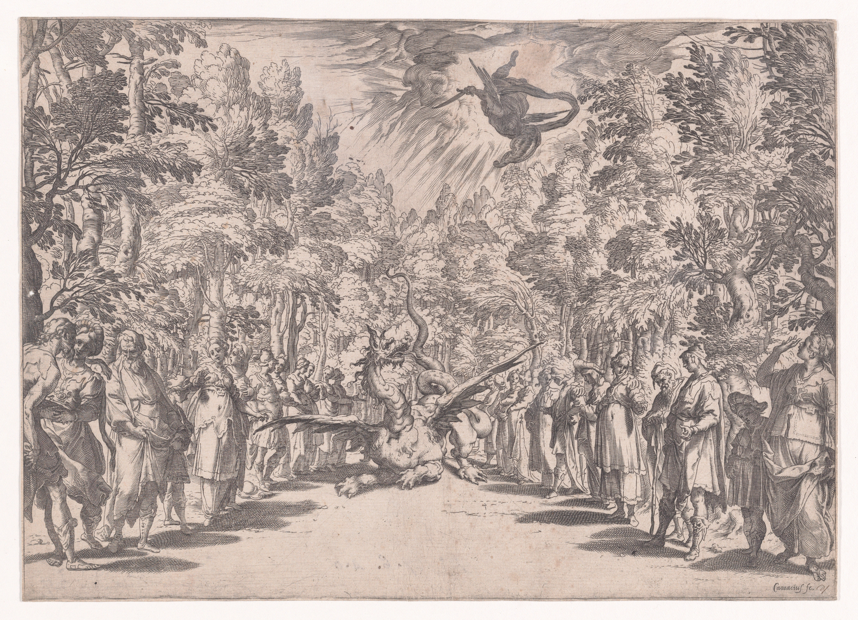 Old Etching of Dragon in Forest with Crowd