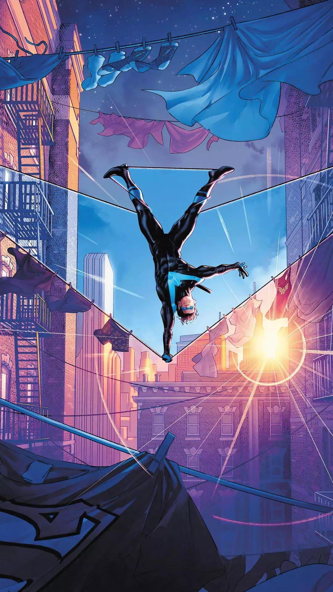 Nightwing on Urban Clotheslines at Dusk