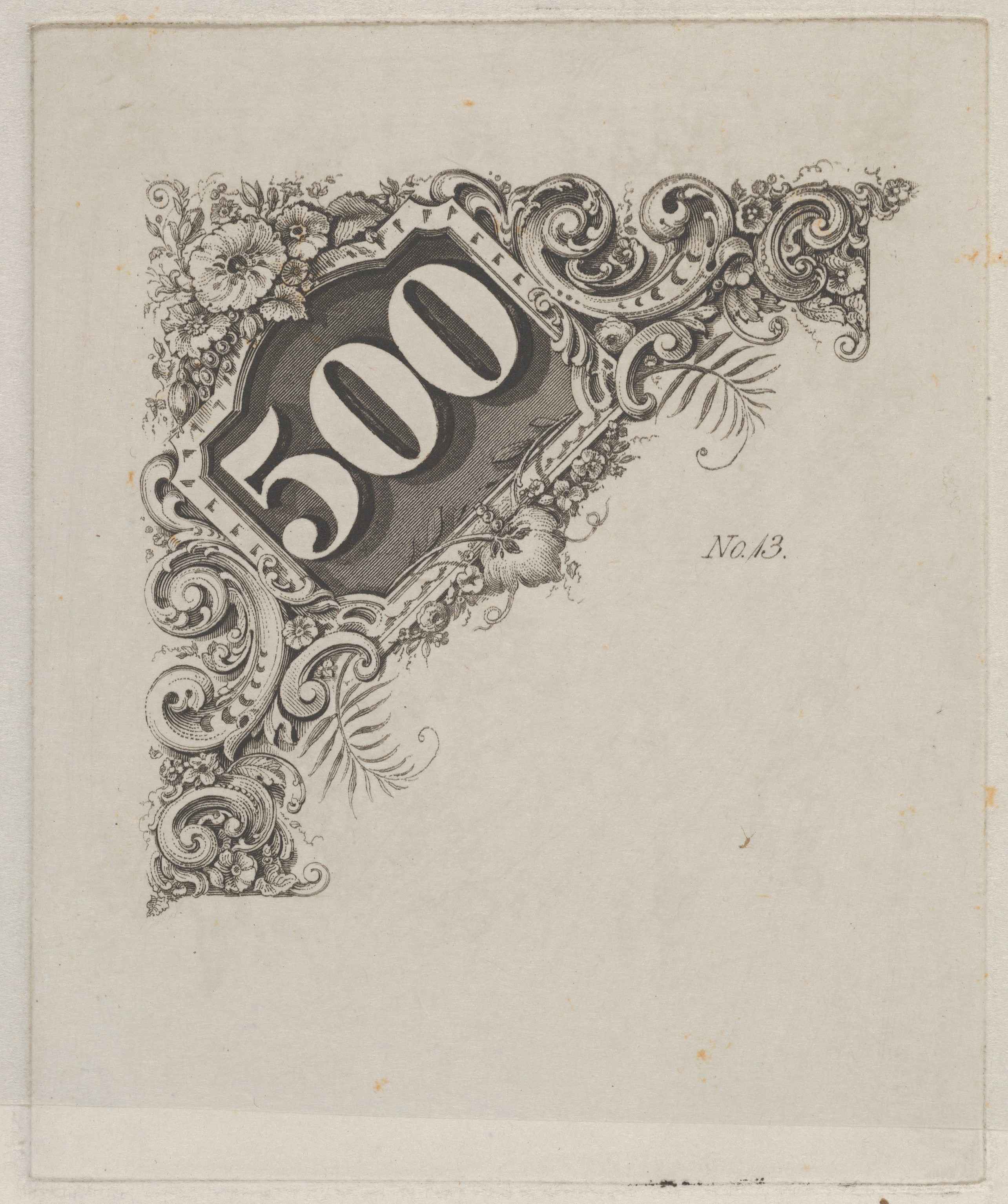 Antique 500 Banknote Corner Engraving
