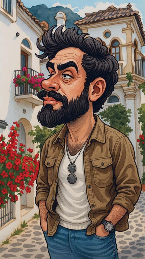 Bearded Man Caricature in Mediterranean Street