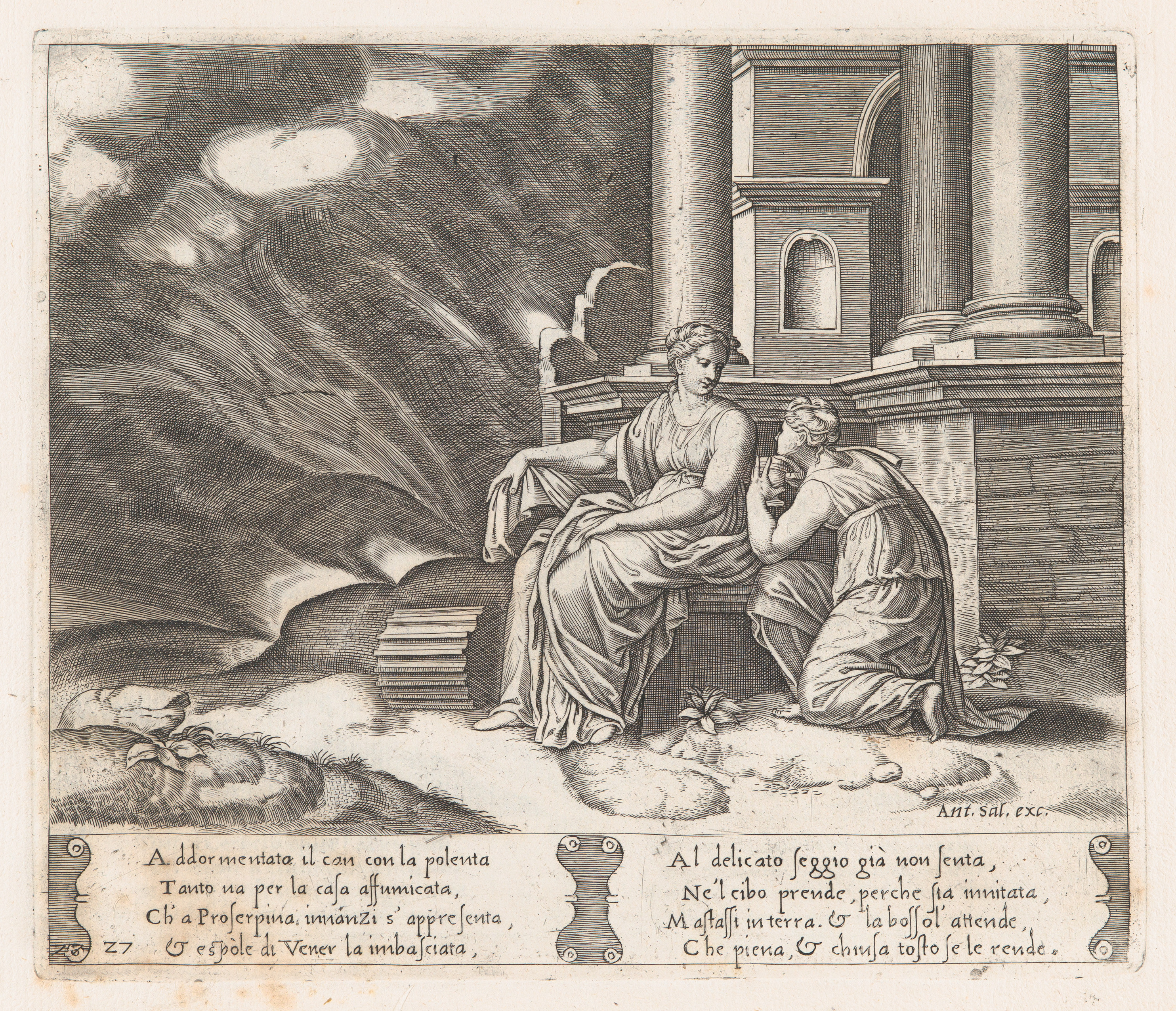 Antique Engraving of Two Classical Women