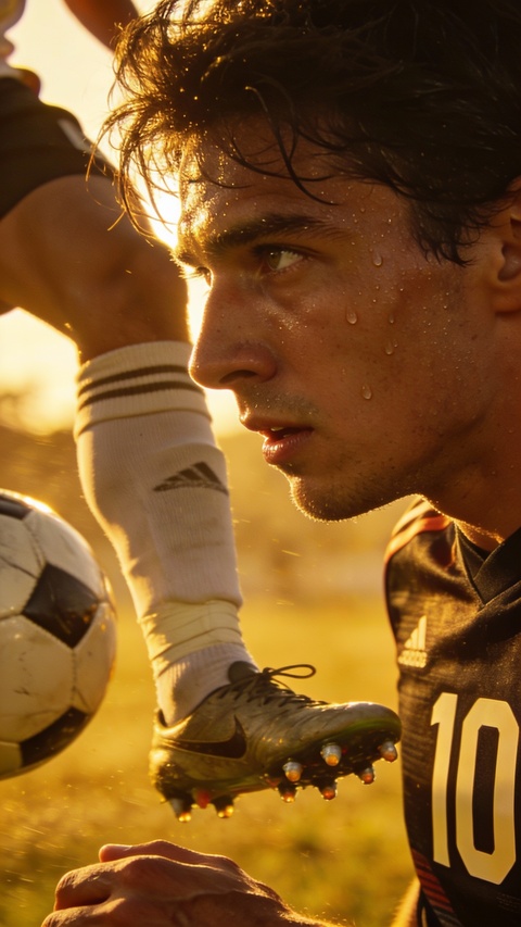 Close Up of Sweaty Soccer Player at Sunset