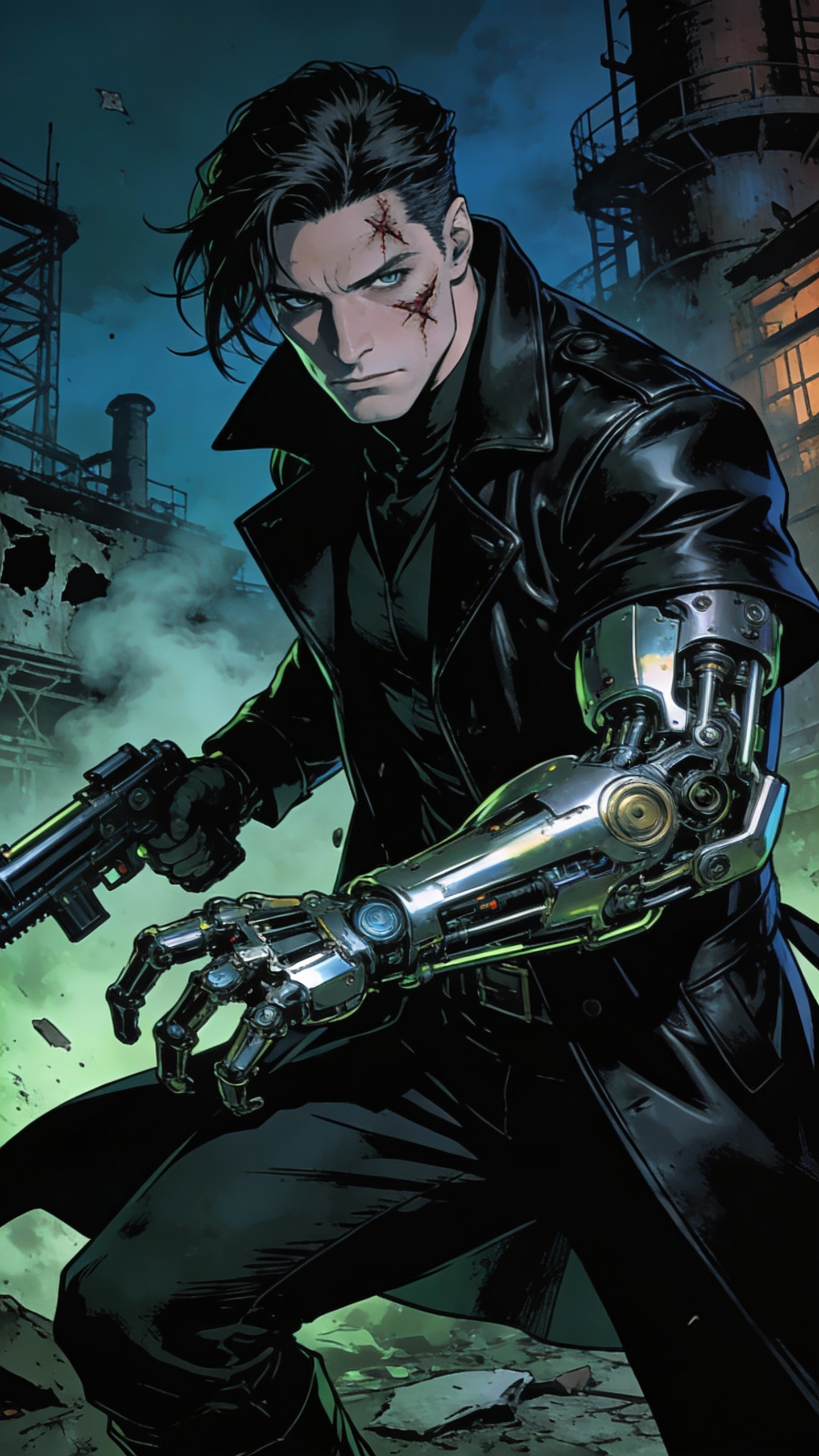Cybernetic Gunfighter in Abandoned Factory