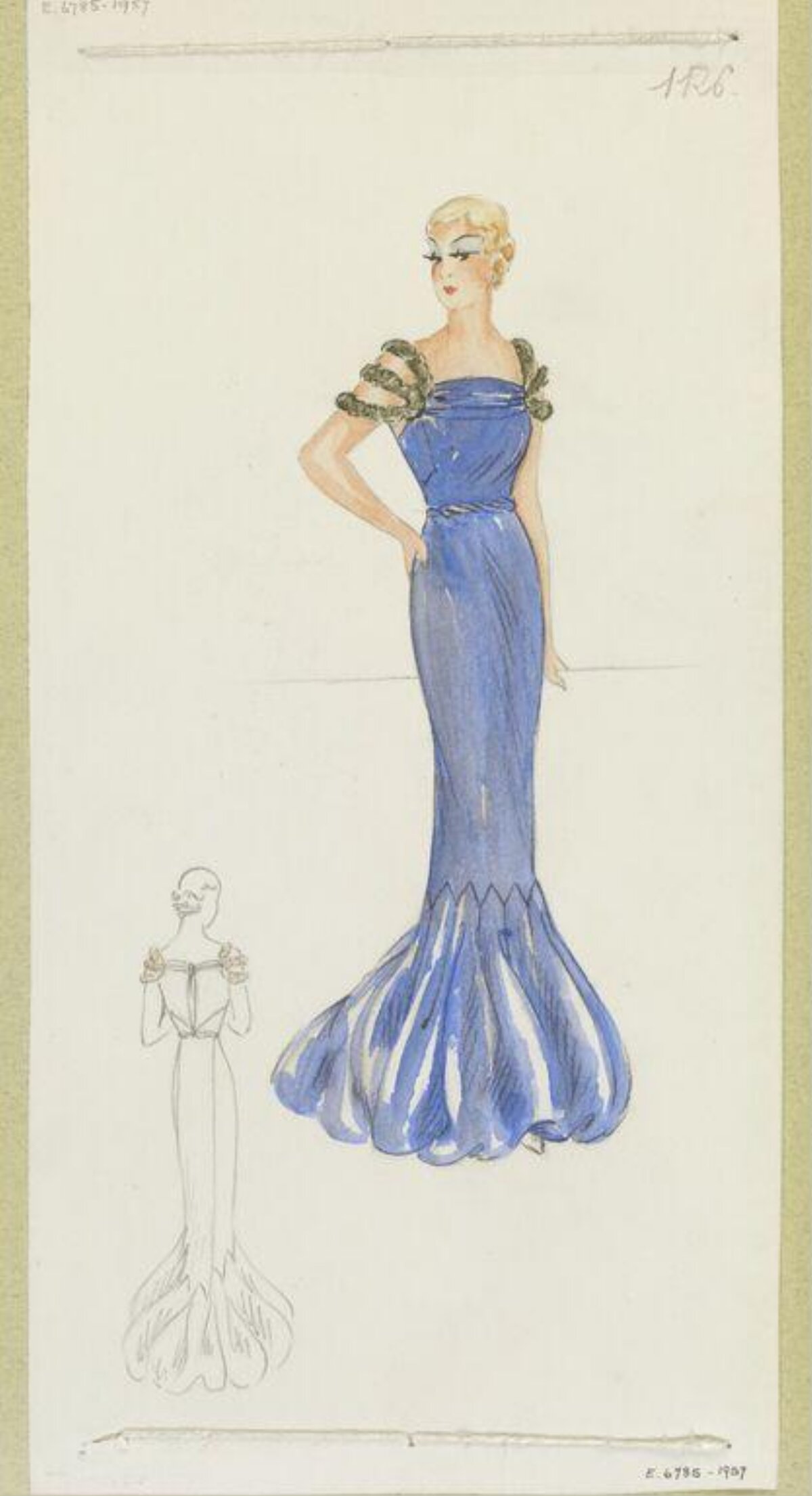 Vintage Blue Evening Gown Fashion Sketch