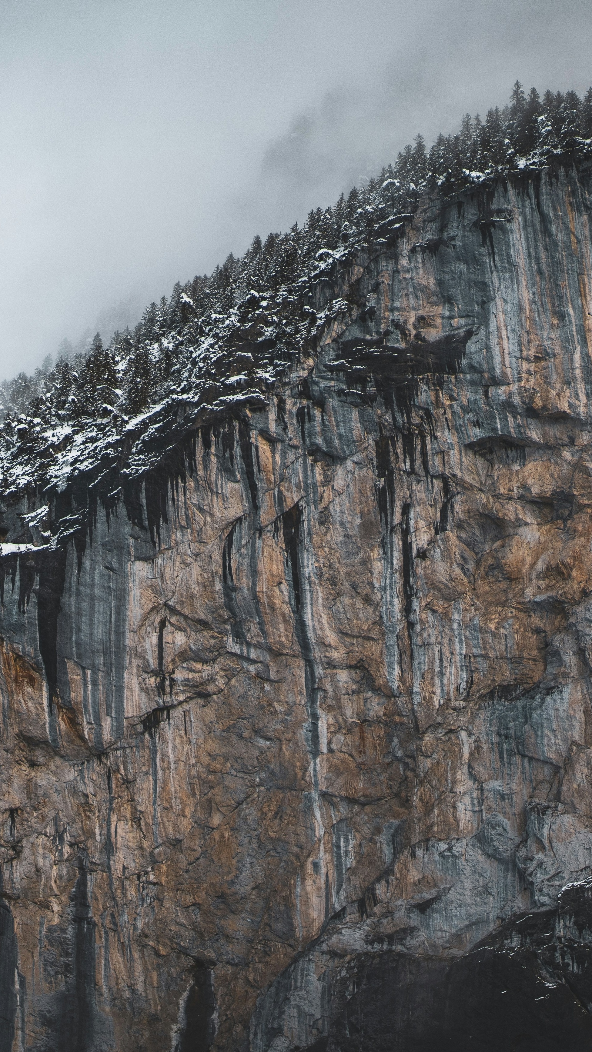 Foggy Snow-Dusted Mountain Cliff