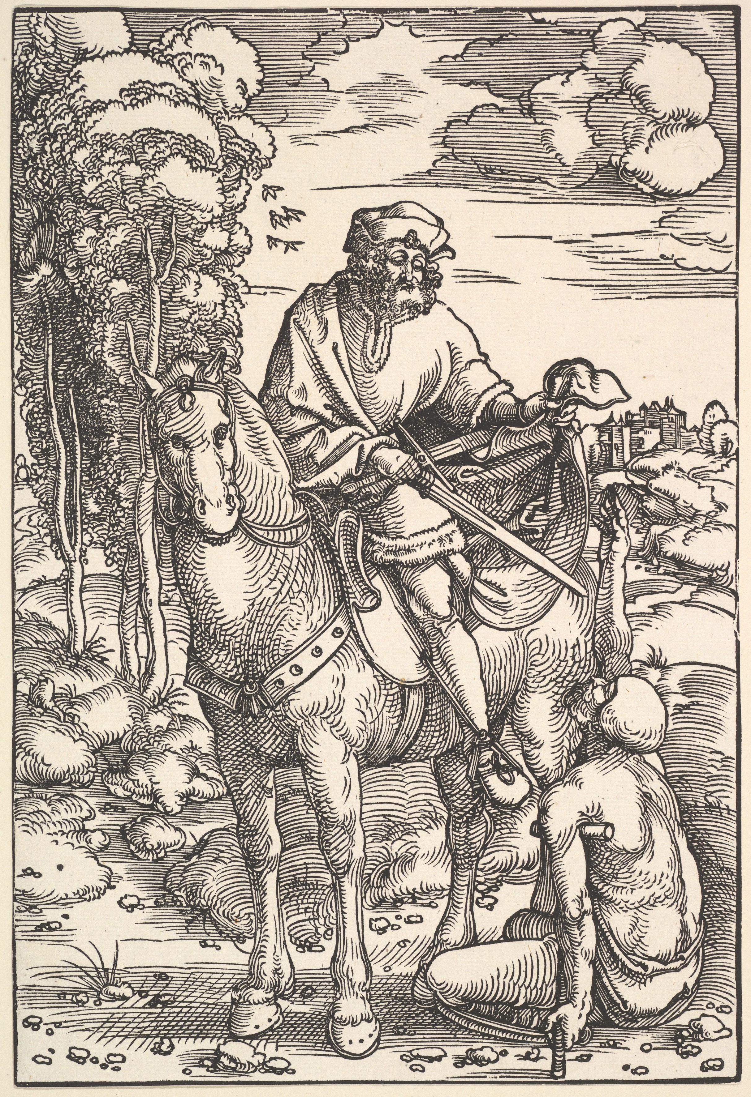 Mounted Nobleman and Beggar Woodcut