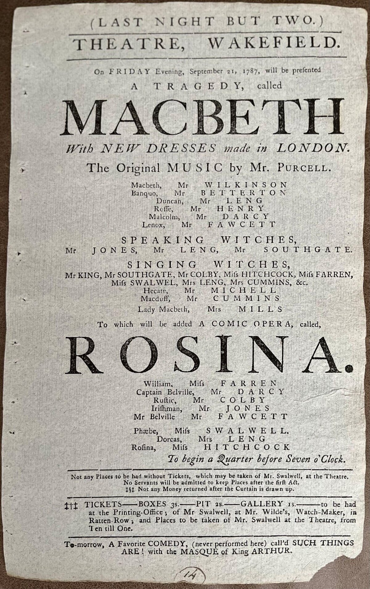 1787 Wakefield Theatre Playbill
