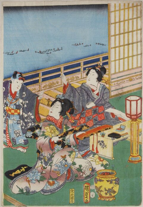 Ukiyo-e Three People Viewing Sea
