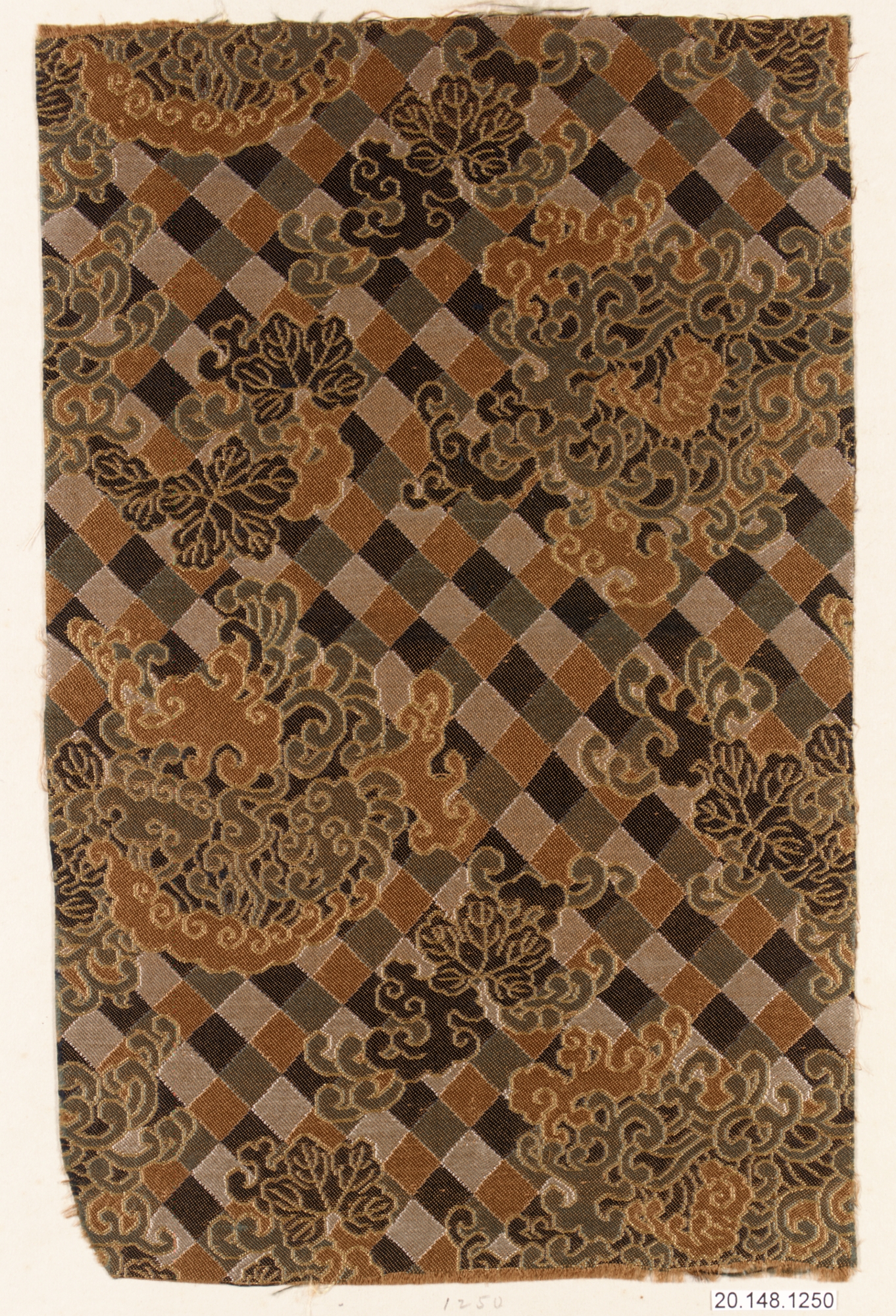 Checkered Floral Woven Textile Fragment