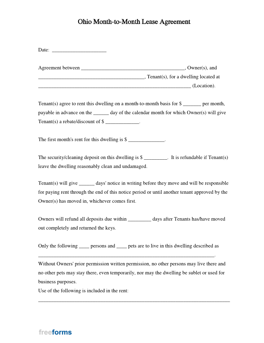 Ohio Month to Month Lease Agreement Template