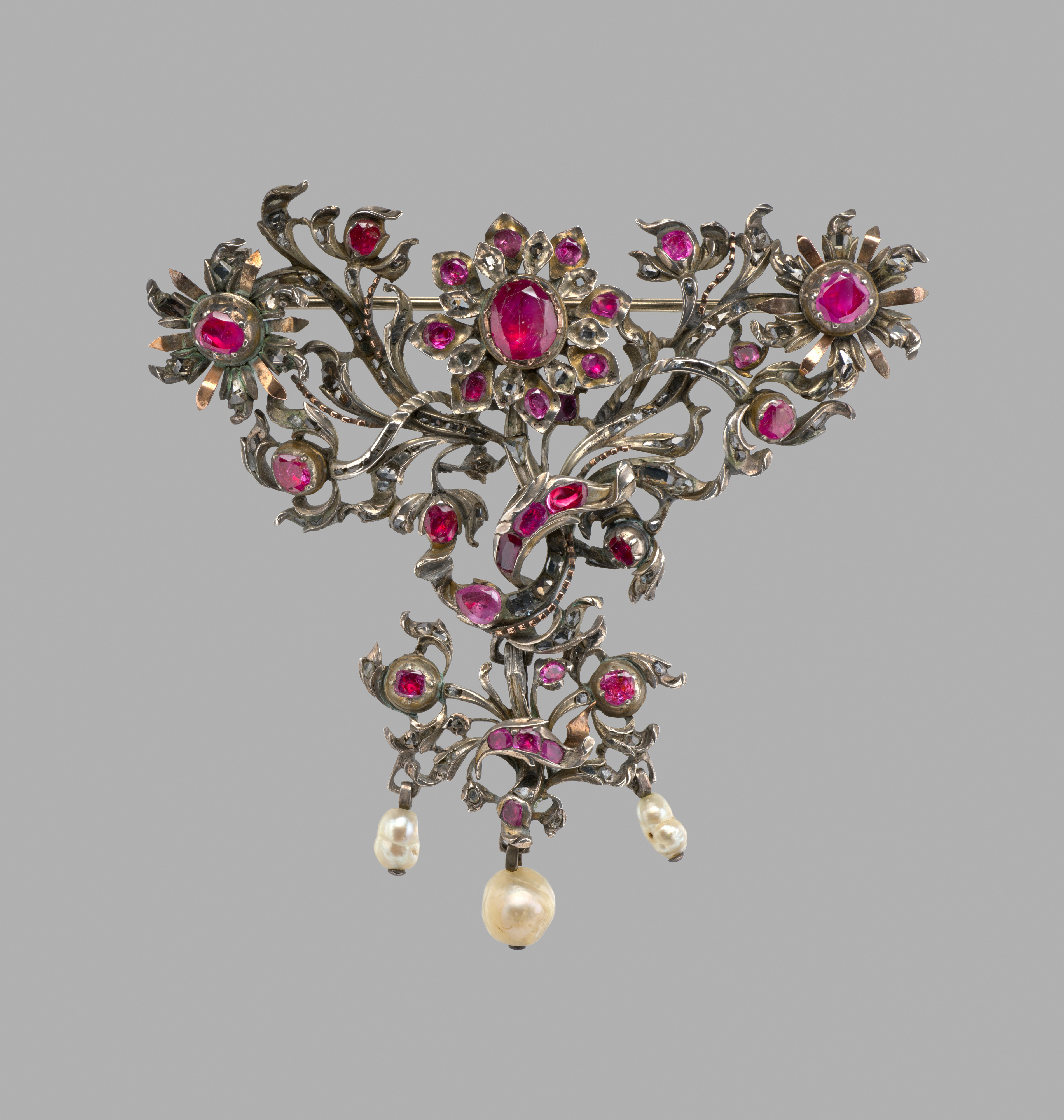 Antique Ruby Pearl Flower Brooch